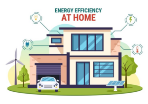 An infographic about Energy Efficiency at home - it shows icons for energy use, electricity, lighting, and the home has a windmill and a small solar panel in front.